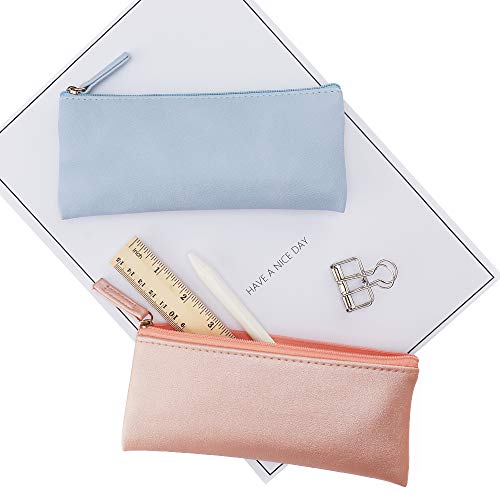 Eonmir Pu Leather Pencil Cases Pouch Bag With Zipper,Small Simple Pencil Pouches, Makeup Pouch, Cosmetic Pouch (Blue+Pink) #TOP4