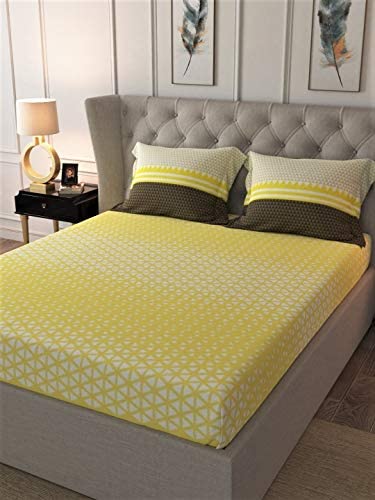 Image of Urban Space Divine Collection 160 TC 100% Cotton Double Bedsheet with 2 Pillow Covers, Triangles,Yellow
