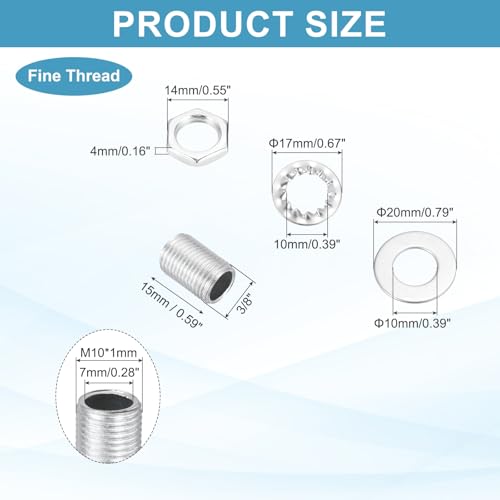 Image of MECCANIXITY 70Pcs 0.6 inch Lamp Pipe Nipples Kit with Hex Nuts Washers, M10 Fine Threaded Hollow Tube Repair Hardware Fasteners Assortment for Assembly Chandelier Ceiling Lamp DIY, Silver