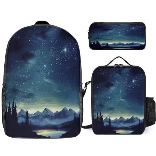 Printed Backpack With Lunch Pack Storage Box Case Celestial Night Sky 3pcs Lightweight Travel Backpack