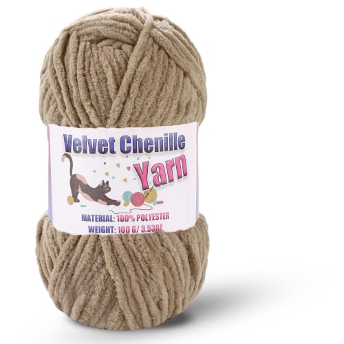 Image of Fluffy Chenille Yarn for Crocheting, Chunky Velvet Yarn for Crochet Amigurumi, Used for Making Baby Yarns Blanket, Clothes, Pattern Knitting Creations (1-Khaki)