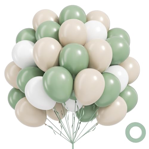 60pcs Sage Green Balloons 12inch Neutral Balloons with Sage Green Sand White Balloon for Boho Wedding Bridal Baby Shower Birthday Party Decorations