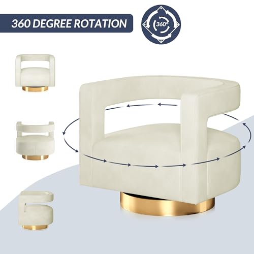 Image of BELLEZE Swivel Barrel Accent Chair Set of 2, Modern Upholstered Arm Comfy Velvet Curved Back Round Chair with Gold Base Wood Frame, 360 Degree for Living Room Bedroom Office,Ivory