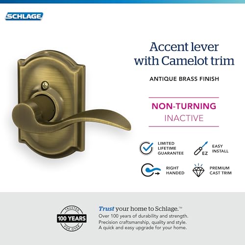 Image of SCHLAGE Accent Lever with Camelot Trim Non-Turning Lock in Antique Brass - Right Handed - F170 ACC 609 CAM RH