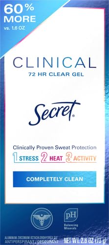 Image of Secret Clinical Strength 100HR Sweat & Odor, Clear Gel Antiperspirant Deodorant for Women, 3X Stress Protection with Hyaluronic Acid, PH Balancing Minerals, Completely Clean Scent, 2.6 oz (Pack of 12)