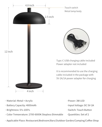 Cordless LED 12" Small Table Lamps Set of 2, Modern Portable Desk Lamp, 3 Color Dimming Rechargeable Battery Lights for Bedroom, Outdoor, Restaurant, Bedside, Baby Night Light, Gifts (Black) - Image 6