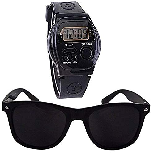 ADNOCKADNOCK Digital Talking Black Dial & Band Watch with in-Built Loud Speaker For Unisex For Blinds and Kids with Aviator Wayfere Sunglasses Pack of 2