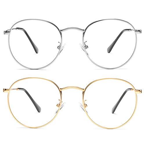 Braylenz Vintage Round Metal Glasses Frame with Clear Lens, 2 Pack Women Men Non-Prescription Eyeglasses(Silver+Gold)
