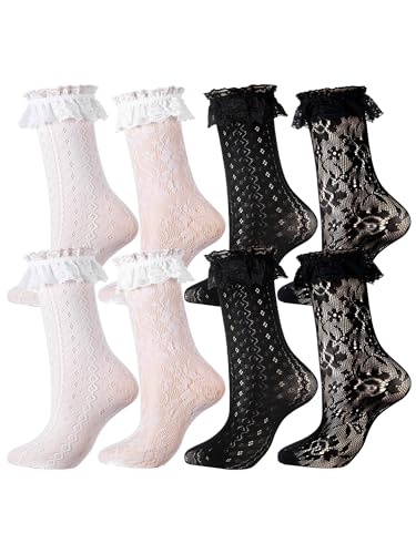 Image of Geyoga 4 Pairs Lace Ruffle Frilly Ankle Socks Women Lace Cute Dress Socks for Women Ladies Princess Accessories