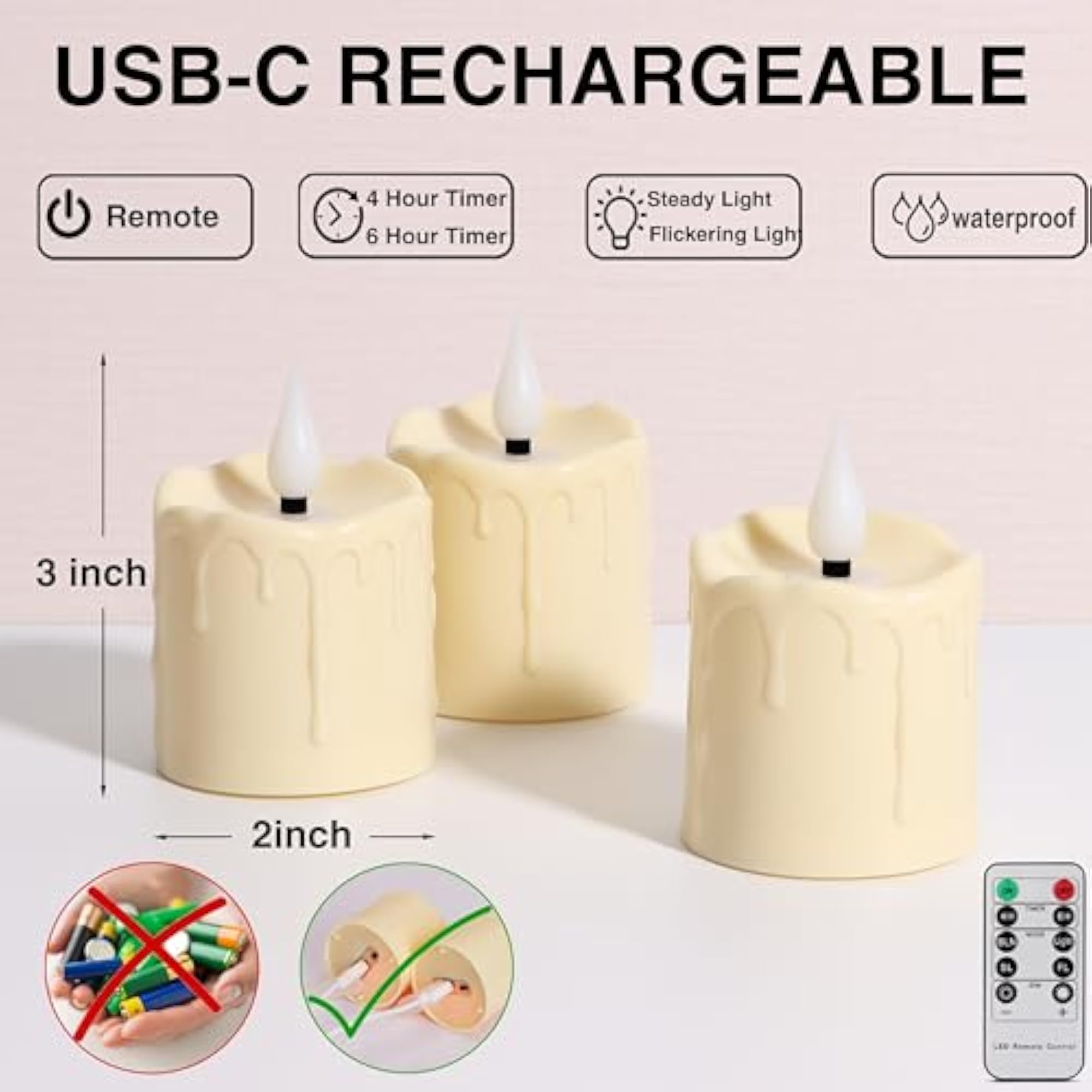 Rechargeable Flameless LED Votive Candles with Timer Remote
