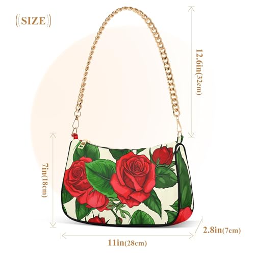 Vintage Red Roses Green Floral Beige Hobo Purse Bags Women Tote Handbag Printed Print Shoulder Purses Zipper Closure3