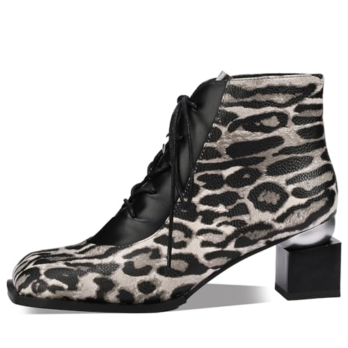 TDD Leopard Print Boots For Women Square Toe Lace Up Ankle Wide Calf Booties Botas Para Mujer Leather Chunky Block Dress Warm Lined Cowboy Cowgirl Ladies 2 Inch High Heels2