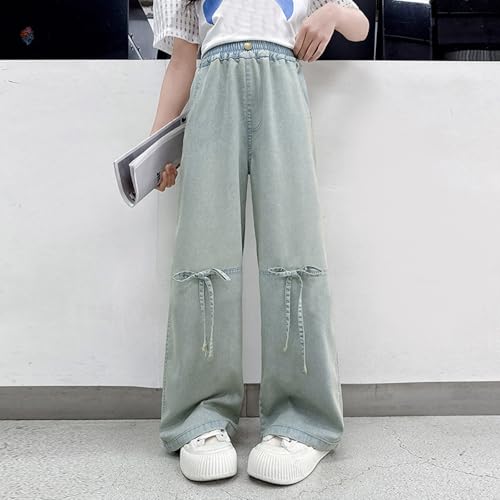 Teen Girls Jeans Wide Leg Wave Stitching Denim Pants with Pocket Baggy Casual Elastic High Waist Fashion Trousers 4-14Y3