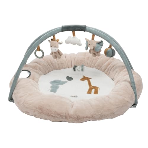 Nattou Tapis d'Éveil Rond avec Arche de Jeu, En Polyester, Girafe et Éléphant, Environ ∅ 90 cm, Luna et Axel, Beige/Vert