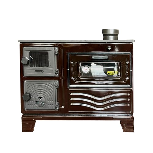 Cast Iron Wood Cook Stove with Oven | Wood Burning Stove Range Stove | Kitchen Stove Cooker Oven Section with Thermometer | Village House Oven Cabin Stove Made in Turkiye (Brown with Glass)