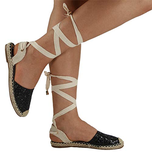 Gibobby Sandals for Women Platform,Women Lace up Espadrille Flats Side Cutout Ankle Strap Holiday Sandals with Pompon
