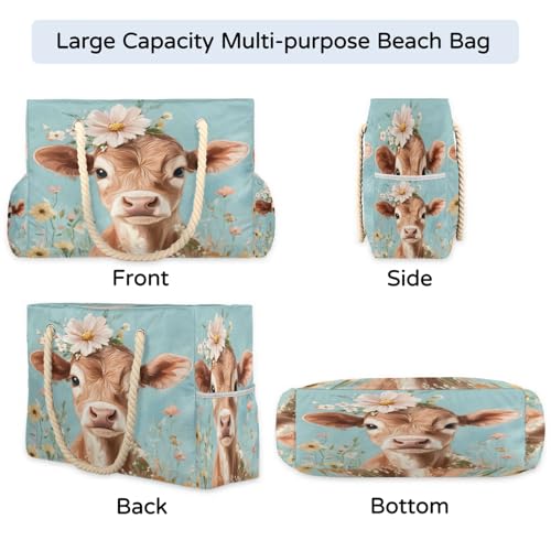 Cow Large Tote Beach Bags for Women with Zipper Bull Waterproof Sandproof Gym Swim Pool Grocery Travel Bag4