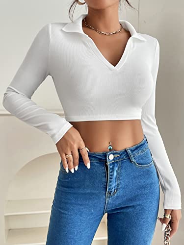 Verdusa Women's Casual V Neck Long Sleeve Polo Collar Ribbed Knit Crop Tee Shirt Top White Polo S #TOP2