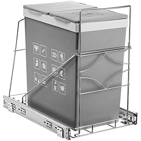 Youeon Pull Out Trash Can Under Cabinet, Adjustable Stainless Steel Under Sink Trash Can Pull Out, Slide Out Garbage Shelf, Fit for 7-11 Gallon Trash Can(Not Included) Cover