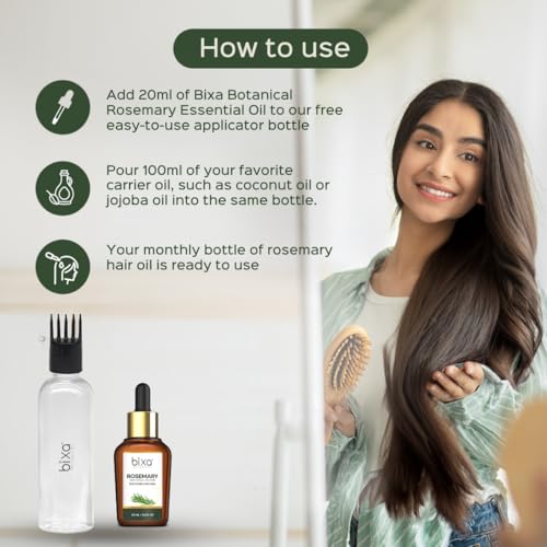 Image of Bixa Pure Rosemary Essential Oil | Top Grade Sourced from Morocco | Hair Growth, Hair Fall Control & Scalp Nourishment, Clinically Tested, Boosts Hair Volume, Only Nature's Goodness Inside | (20 ML, Rosemary Oil + Applicator)