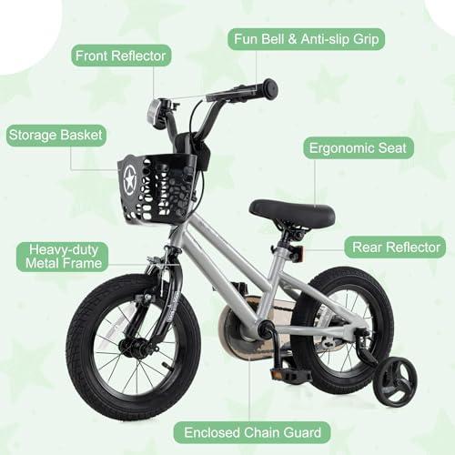 Image of BABY JOY Starry Kids Bike, 12 14 16 18 Inch Bicycle with Training Wheels, Storage Basket, Adjustable Handlebar & Seat, Handbrake & Coaster Brake, Girls Boys Bike