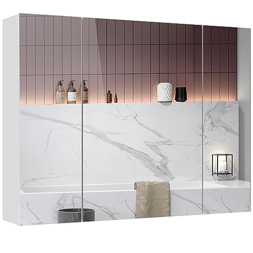 Medicine Cabinets Bathroom Mirror Cabinet with 3 Door 31.5x23.6 Inch Bathroom Wall Cabinet with Mirror Wall Mirror Storage Shelf with 3-Adjustable Shelves Storage Organizer Kitchen Cupboard,White
