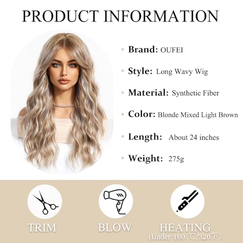 OUFEI Blonde mixed Light Brown Long Wavy Wig for Women with Curtain Bangs Natural Curly Synthetic Hair Heat Resistant Wigs for Daily Party Cosplay Wear - Image 2