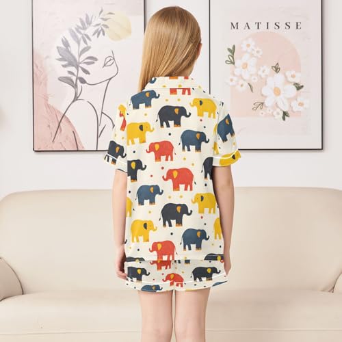Colorful Elephant Dot Pattern Summer Satin Pajama Set, Cute Button-Down Sleepwear Pj Set for Sleep Wears4