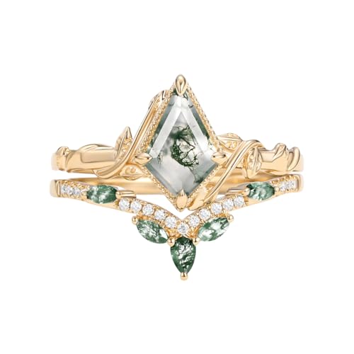 925 Sterling Silver 1.5 CT Leaf Kite Cut Moss Agate Ring for Women Dainty Moss Agate Bridal Set Rings Engagement Wedding Promise Ring Jewelry Gift for Wife Friends2