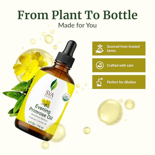 SVA Evening Primrose Oil Organic - 4 Fl Oz – 100% Natural Cold Pressed Organic Evening Primrose Oil - for Face, Skin Care, Hair Care, Scalp Massage & Body Massage – Carrier Oil with Dropper