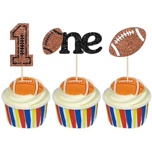 Gyufise 24Pcs Rugby One Cupcake Toppers Glitter American Football 1st Birthday Cupcake Picks Sports Theme One Cupcake Decors for Baby Shower Birthday Party Supplies