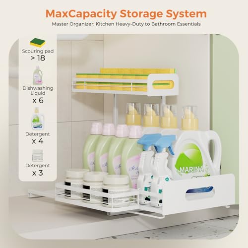 Delamu 2 Pack Metal Bathroom Organizers and Storage, 2 Tier Pull Out Under Sink Organizer with 2 Small Baskets, Adjustable Under Sink Shelf for Multipurpose Cabinet Organizer, White