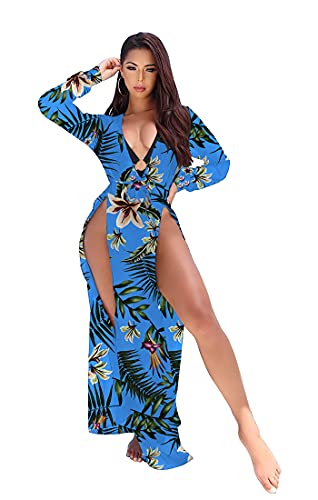 Girdtyd Women's Summer Swimsuit Cover Up Sexy Long Sleeve Chiffon Sheer Flowy Bathing Suit Coverup Blue Lily L