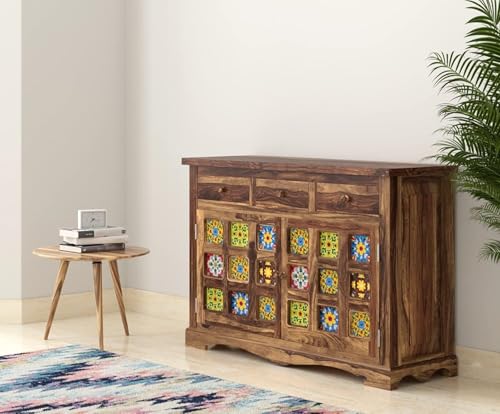 Image of SHIKHA WOOD CRAFT Solid Sheesham Wood Sideboard Cabinet with 2 Doors and 3 Drawers Storage | Wooden Kitchen Cabinet, Crockery Unit, Dining Room Organizer, Living Room Storage Furniture (Honey Finish)