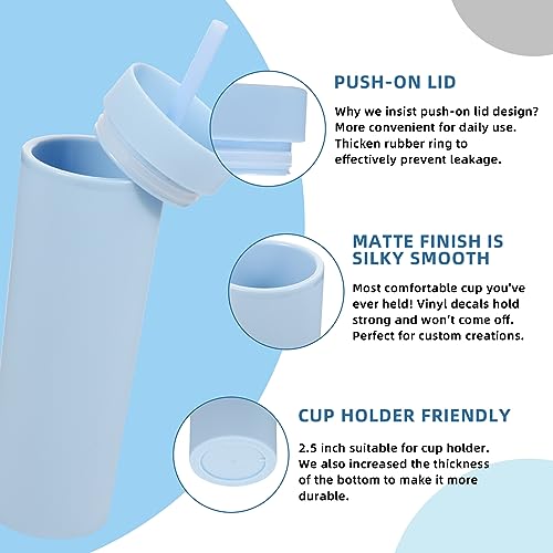 Volhoply 16oz Tumbler with Lid and Straw 8 Pack,Double Wall Plastic Skinny Tumblers Bulk,480ML Reusable Cute Coffee Mug,BPA Free Matte Acrylic Water Cups with Straw for Parties,DIY Gifts(Blue,8 Set - Image 4