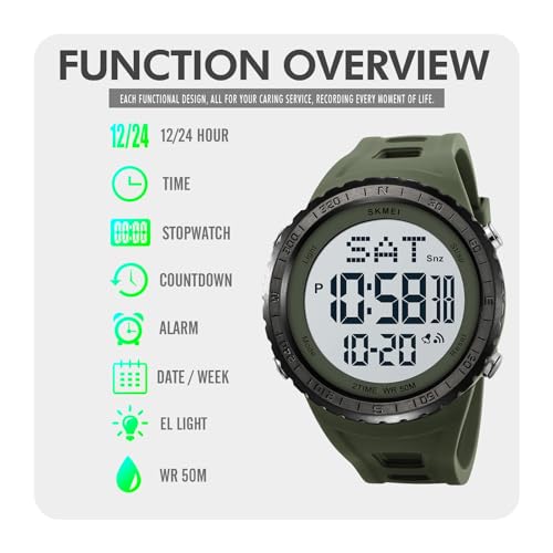 CakCity Men's Waterproof Sport Watch with Electronic Stopwatch and Luminous Large Display - Alarm, Chime, EL Backlight, Countdown, Outdoor Multifunction Watch