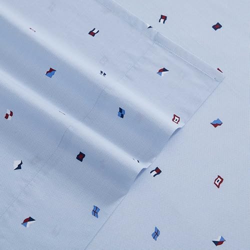 Image of Tommy Hilfiger - King Size Sheet Set, Soft Cotton Percale Bedding with Crisp Cooling Comfort, Deep Pocket Fitted Sheet with Matching Pillowcases, Americana Decor (Nautical Flag Blue)