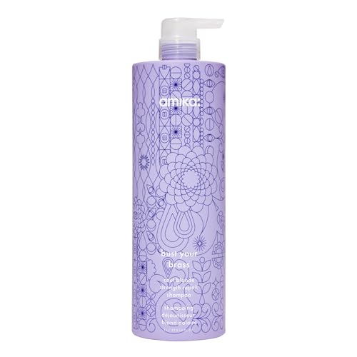 Image of amika bust your brass strength repair cool blonde shampoo - purple shampoo + toner for blonde hair + brassy tones - formulated with strengthening + hydrating bond fortifying technology (1000 ml)