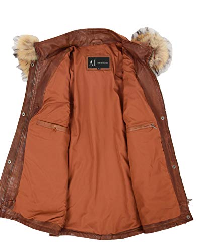 Genuine Cognac Leather Duffle Coat For Ladies Removable Hood Parka Jacket Patty (Small) #TOP6