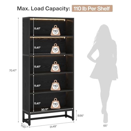 Image of Tribesigns Tall Bookcase Black Bookshelf, 70.8 inch Large Bookcases Organizer with LED Lights, Heavy Duty Free-Standing Library Bookshelf with 5-Tier Storage Shelves for Living Room, Bedroom (Black)