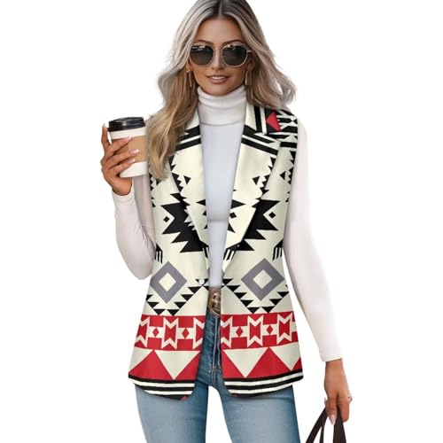 Image of Women's Aztec Print Western Ethnic Dressy Casual Versatile Western Aztec Full Lined Vest Tuxedo Suit Waistcoat