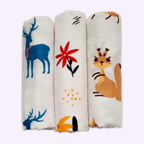 Image of Tinylane 100% Cotton Printed Swaddle Wrap for Newborn Baby | Soft & Breathable Muslin Blanket, 90 x 90cm, Skin-Friendly | for 0-2 Years | Pack of 3 (Brown Squirrel, Orange Daisy, and Blue Deer)