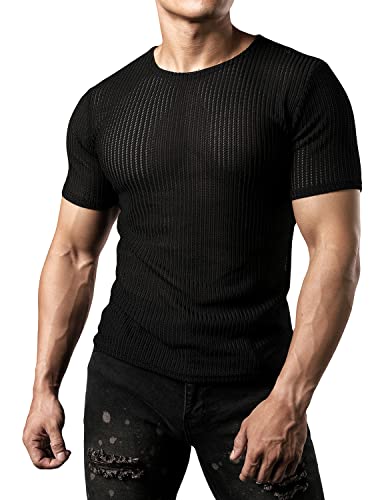 JOGAL Herren Netz Durchsehen Fitted Kurzarm Muskeln Top Schwarz Mittel