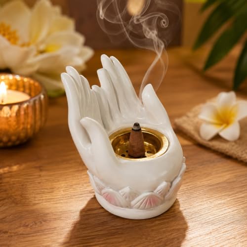 Image of Ekhasa White Lotus Buddha Hand Incense Stick Holder with Ash Catcher