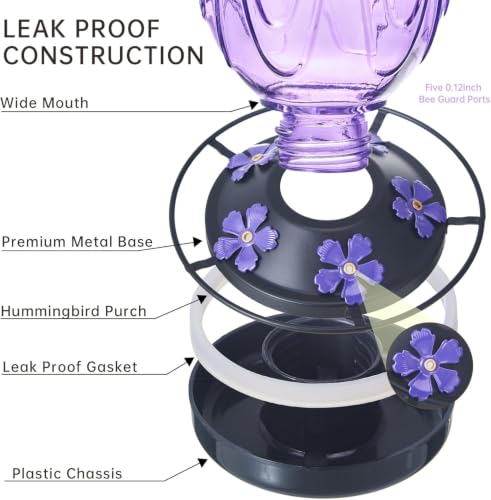 Image of 2 Pack Glass Hummingbird Feeder for Outdoors Hanging, 24Ozs Humming Bird Nectar Feeder w /Perch, 5 Flower Feeding Ports, Leak Proof Base and Hook for Outside Garden Backyard Decor, Purple