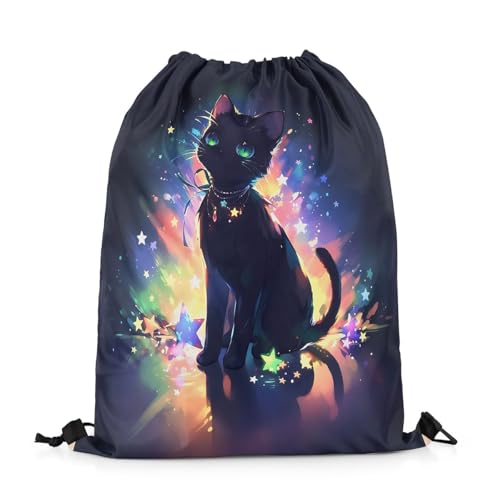 Feelyou Black Cat Drawstring Backpack 13"x15.7" Cute Kitten Sports Drawstring Sackpack for Star Cat Drawstring Bags Women Men Animals Waterproof Cinch Bag3