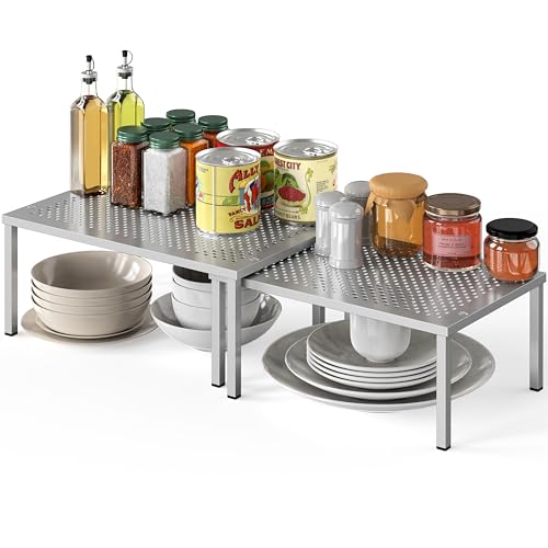 Simple Houseware Expandable Stackable Cabinet and Counter Shelf Organizer with Steel Surface, 9" D x 12.75" W x 5.9" H, Silver