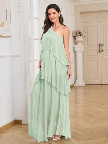 Image of AISWI Maternity Halter Neck Maxi Dress Sparkly Mesh Tiered Ruffle Pregnancy Gown with Flower for Baby Shower Photoshoot
