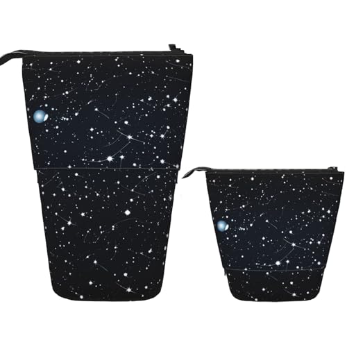 伸縮式ペンシルケース 星座と星柄 スタンディングペンホルダー ポップアップペンシルポーチ かわいい スタンドアップコスメバッグ トラベルメイクバッグ ポータブルトイレタリーバッグ レディース メンズ オフィス用品