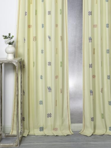 Image of Tranquebar Curtain Co. Cotton Curtains 7 Feet Long Set of 2, 60-65% Room Darkening, Multicolor (Yellow) Motif Print, Door Curtains 7 Feet Set of 2, BackTabs, Ozan (213 cm) - Set of 2